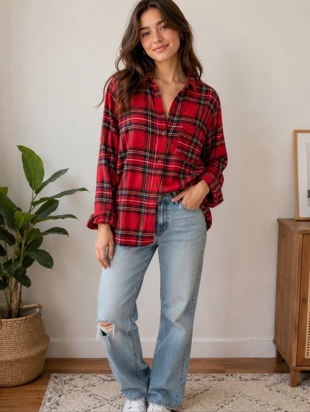 Hollister Boyfriend Fit Button Up Flannel Shirt Womens Size XS Red Plaid cozy